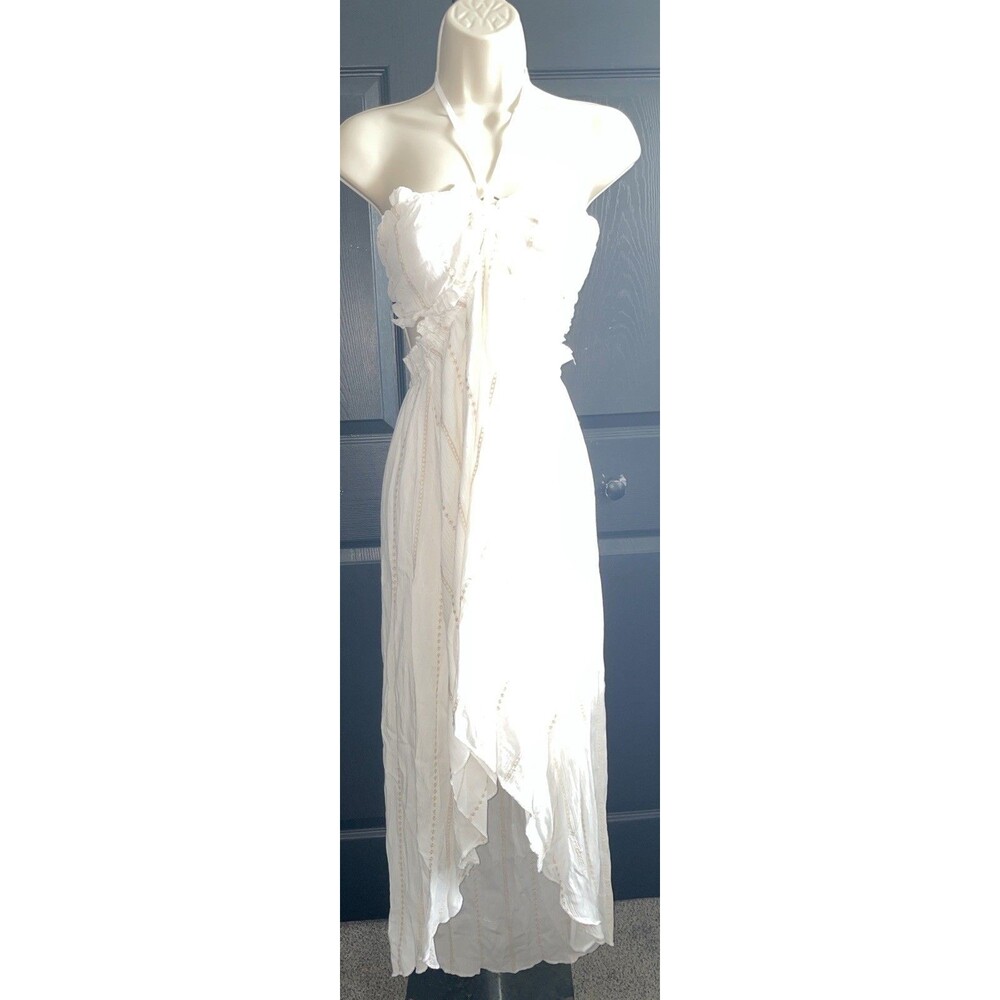 Surf Gypsy White Halter Maxi Dress L Boho Embroidered Ruffle Beach